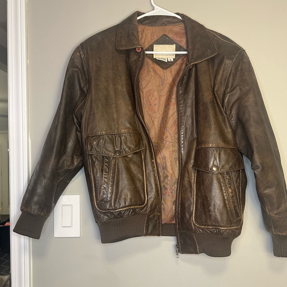 Men's Classic Brown Leather Bomber Jacket